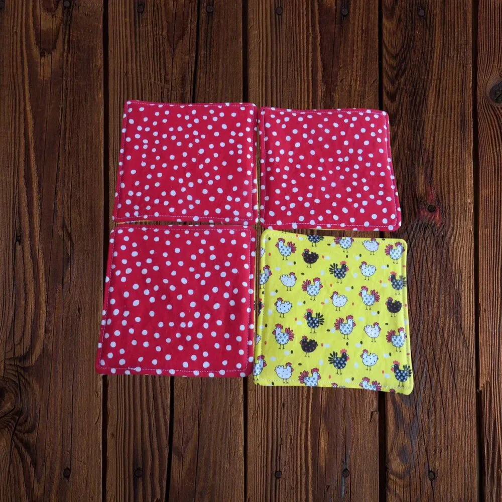 Fabric Coasters, Set Of 4,  Chicken Reversible Red and White Polka Dot Mug Rugs